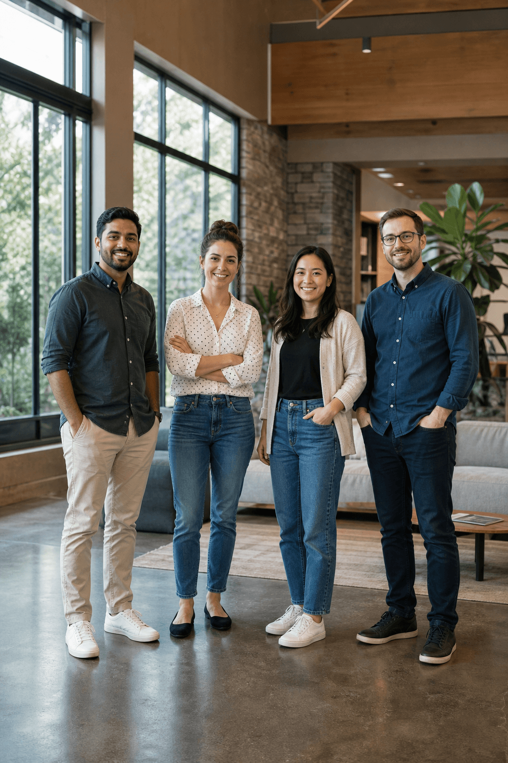 Kolvaniq Inc studio team in a glass-walled office lounge