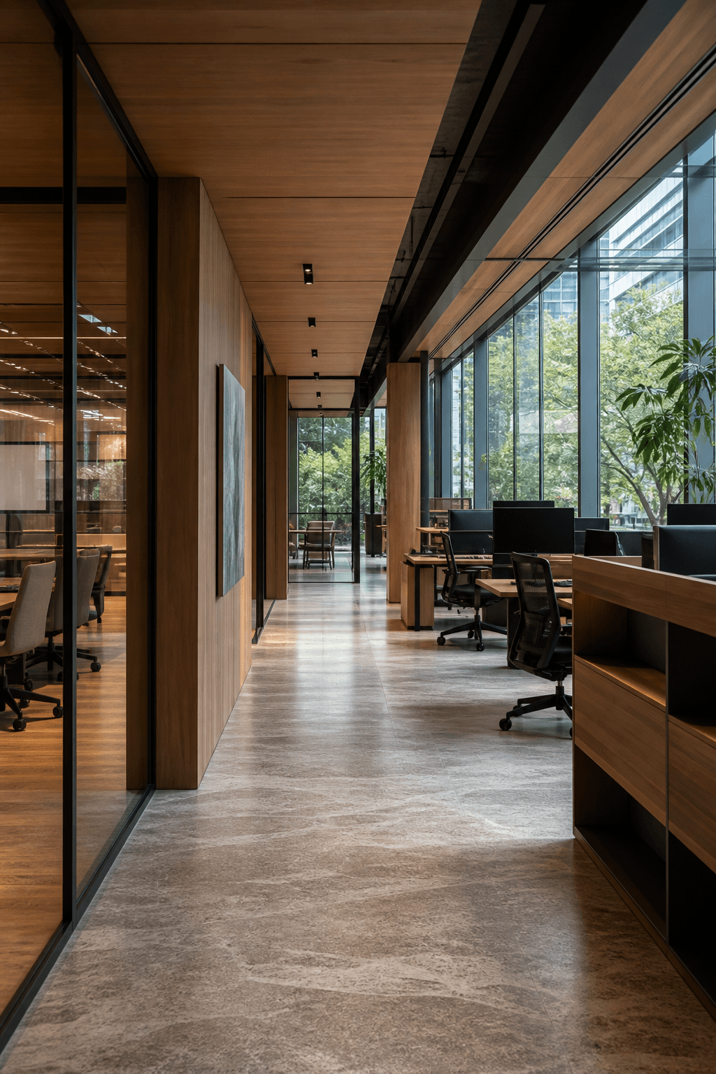 Quiet office corridor inside the Kolvaniq studio