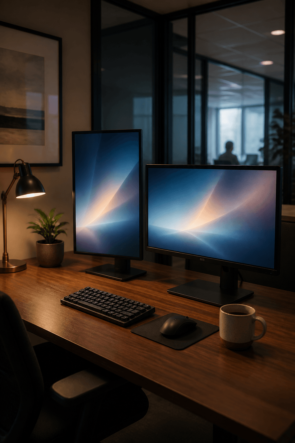 Developer workstation with dual monitors in the studio