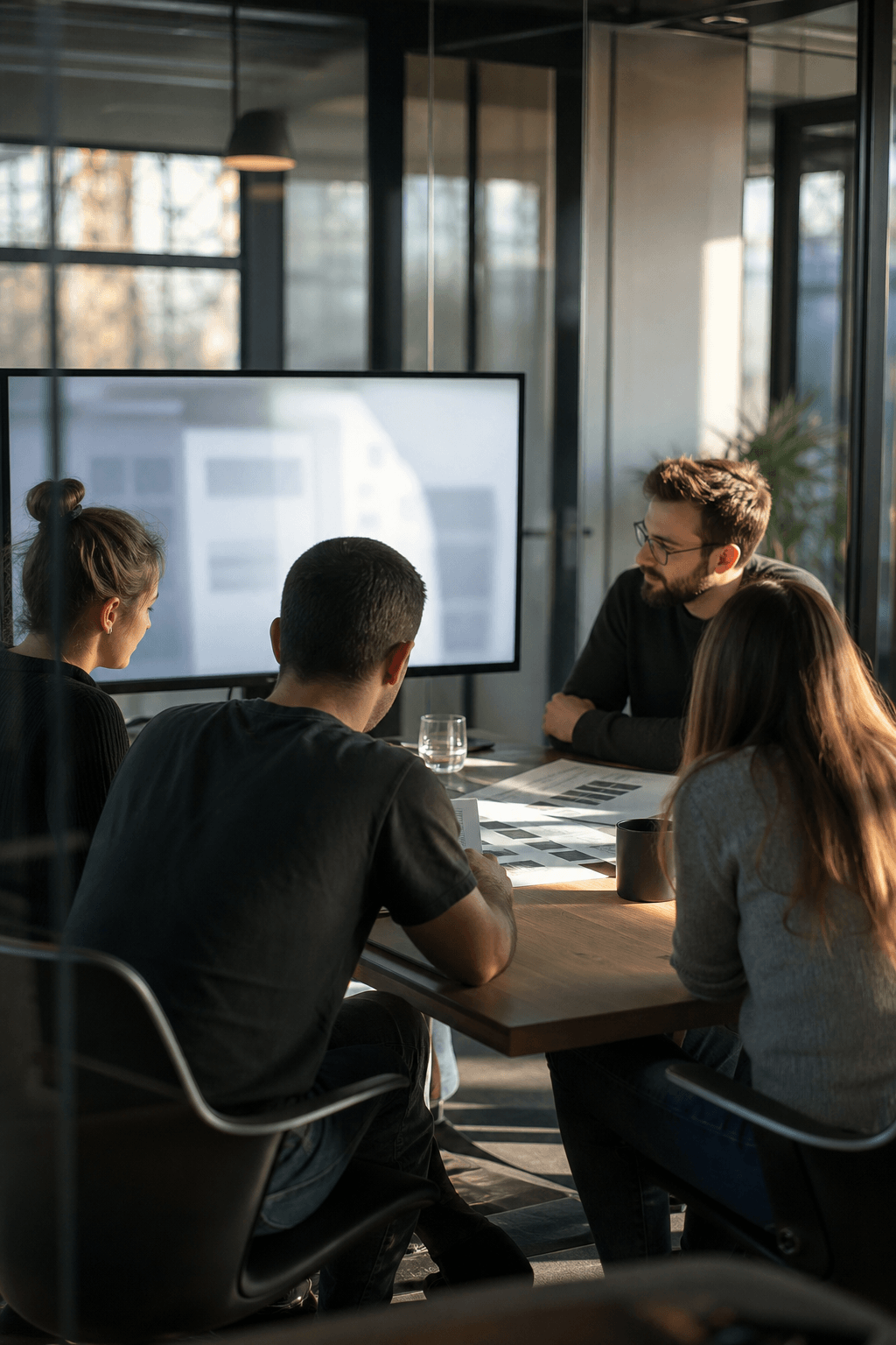 Studio meeting in a glass conference room