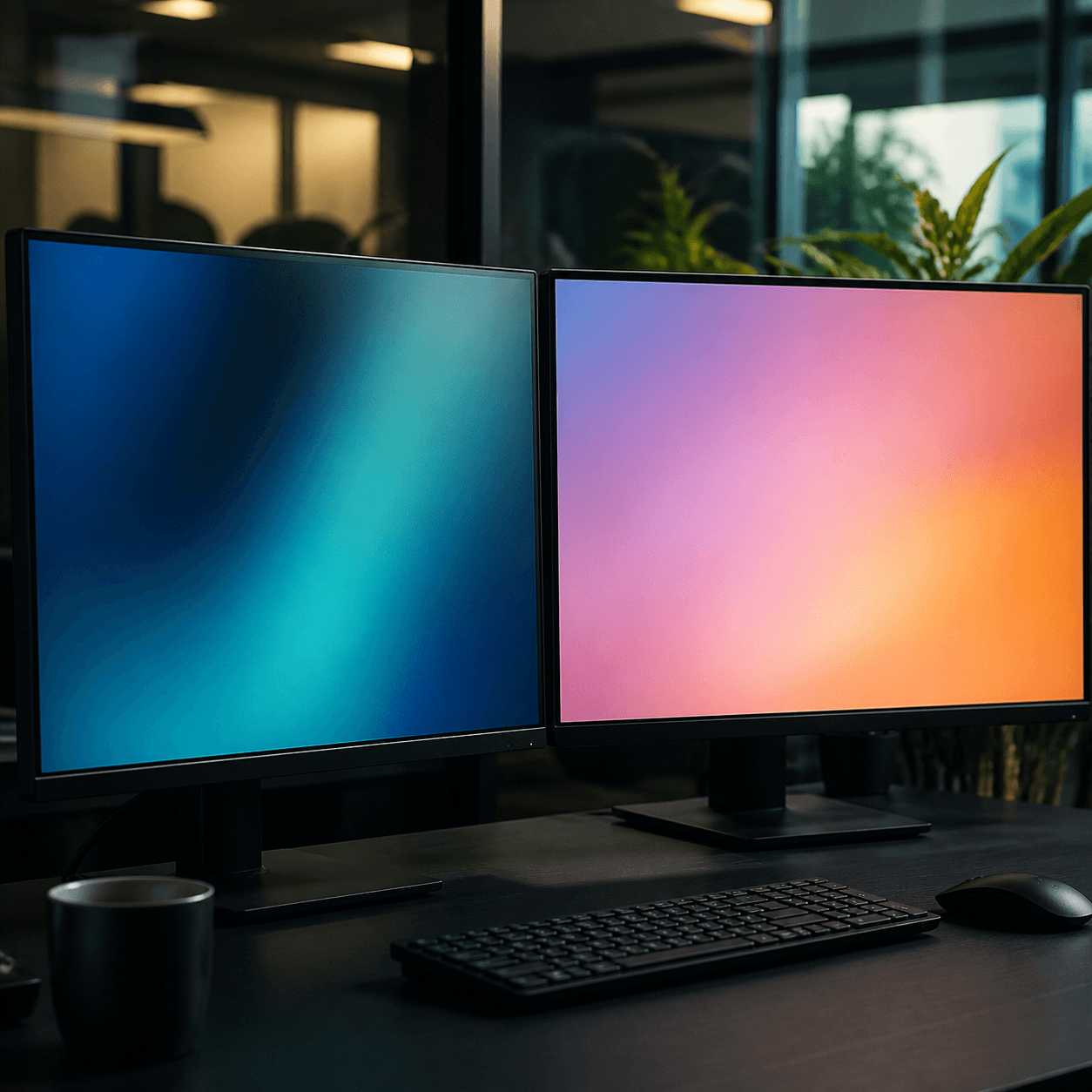 Dual monitors on a dark studio desk